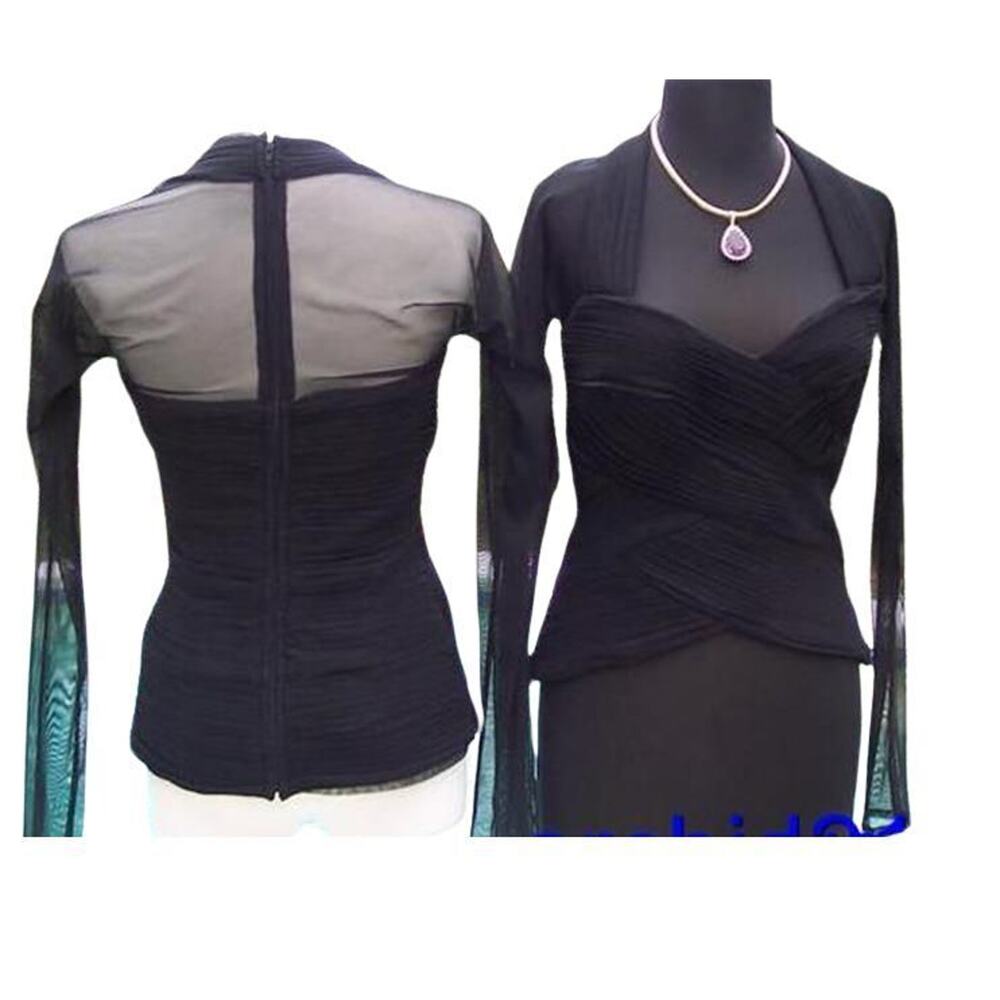 Cache Black Ruched Ottoman Sheer Illusion Shoulder Sleeve Top Built Bra NWT $168